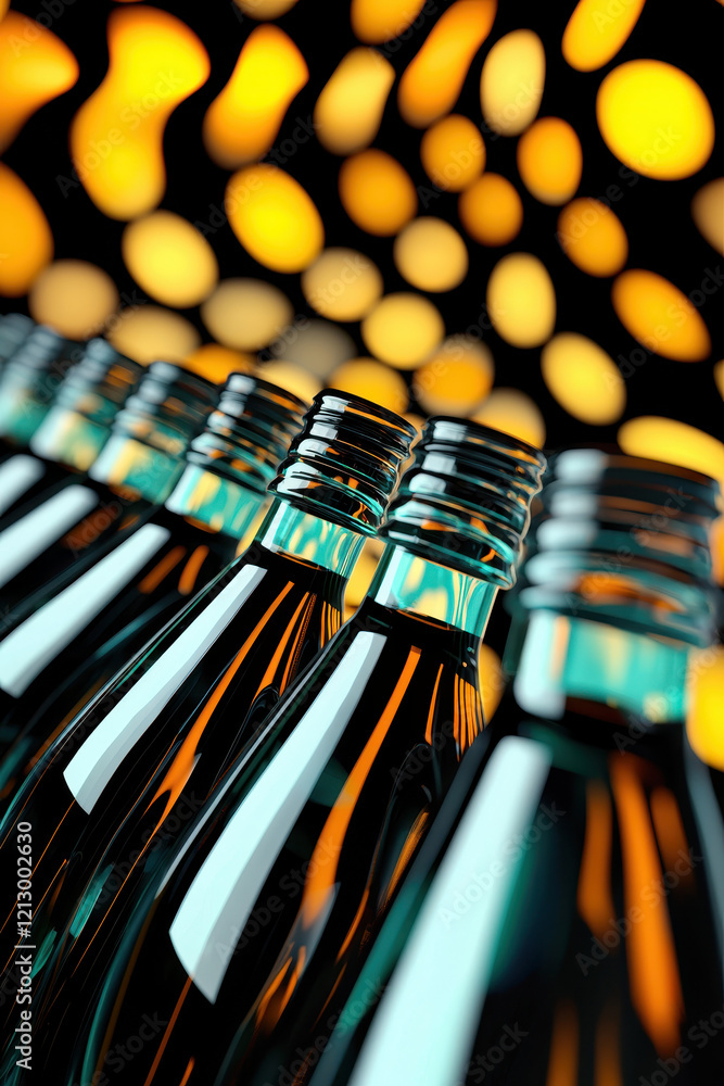 Poster dramatic display of glass bottles in abstract light pattern with vibrant yellow and black reflection