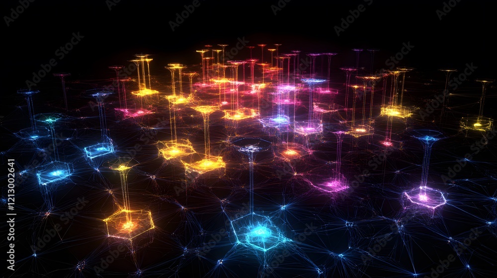 Poster a futuristic network of glowing hexagons and vibrant nodes representing interconnected data and digi