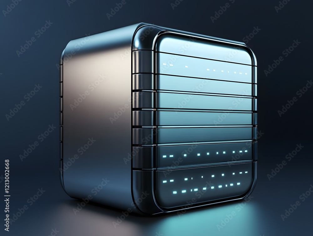 Poster a futuristic server unit with a sleek design and glowing interface, representing advanced technology