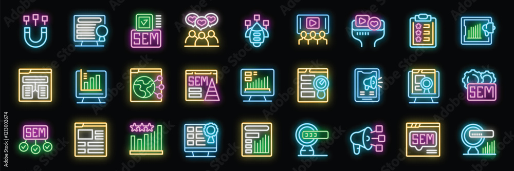 Poster neon icon set representing search engine marketing - sem - strategies for boosting online presence a