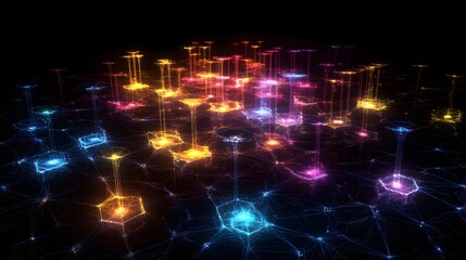Obraz premium A futuristic network of glowing hexagons and vibrant nodes representing interconnected data and digital innovation