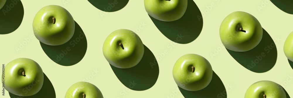 Poster green apples arranged in a pattern casting shadows on a light green background, showcasing their glo