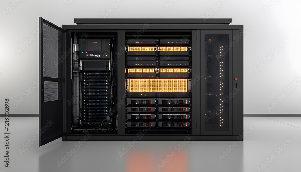 Poster a high-tech server rack showcasing advanced data processing equipment. the sleek design signifies mo