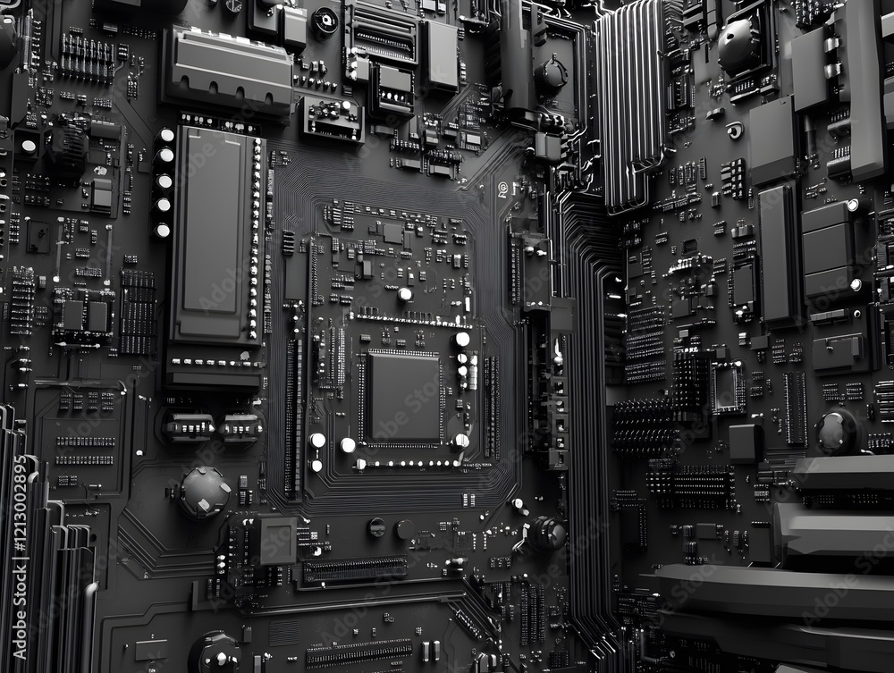Aufkleber a high-resolution close-up of a black circuit board, featuring intricate details of electronic compo