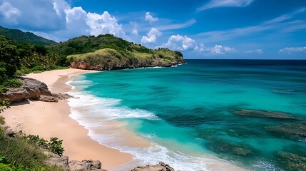 A stunning seascape with turquoise water meeting soft sandy beaches