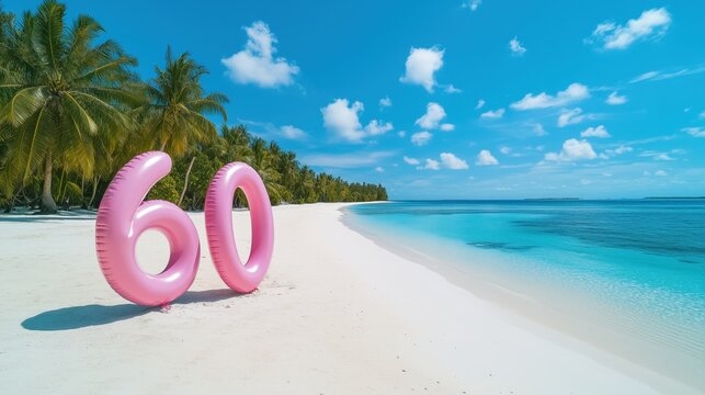 The inflatable "60" stands out against the stunning Maldives beach, symbolizing a joyous anniversary amidst the serene tropical paradise.
