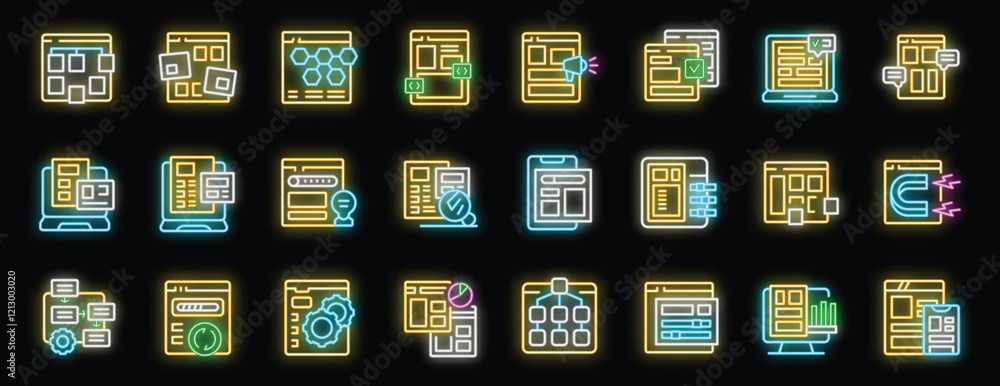 Poster glowing neon icons illustrating various aspects of website development, from coding and design to ma