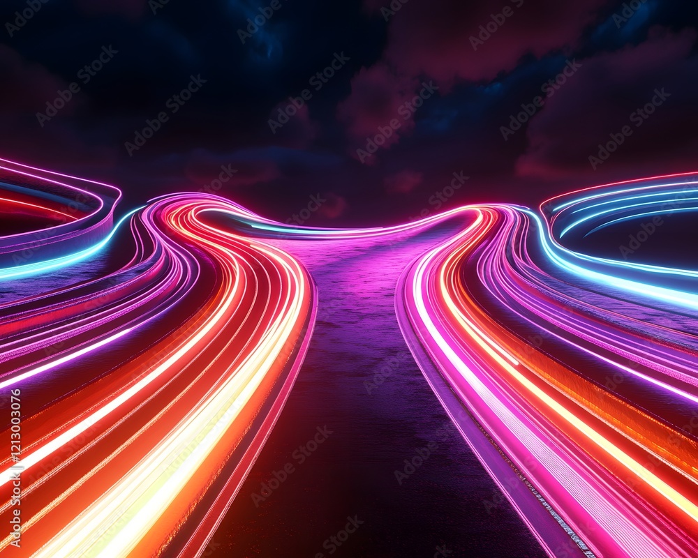 Poster a mesmerizing display of vibrant neon lights flowing along a dynamic, futuristic road, creating a vi