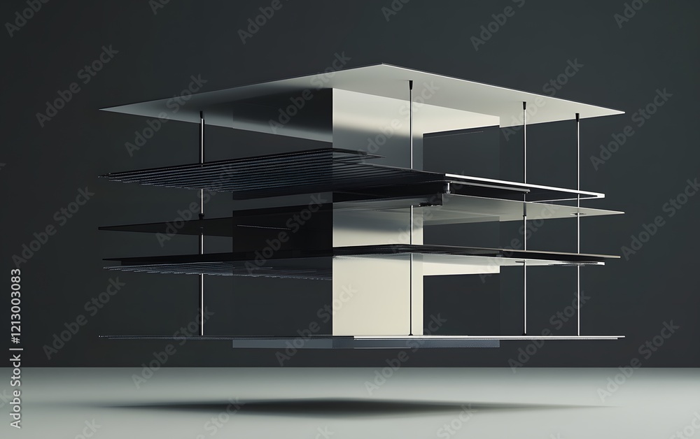 Poster a minimalist architectural structure demonstrating modern design elements with suspended layers and 