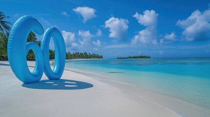The inflatable "60" stands out against the stunning Maldives beach, symbolizing a joyous anniversary amidst the serene tropical paradise.
