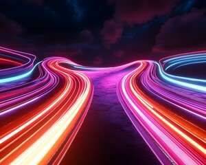 A mesmerizing display of vibrant neon lights flowing along a dynamic, futuristic road, creating a visual symphony of color and motion.