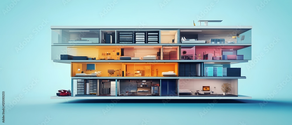 Aufkleber a modern architectural design showcasing a multi-level house with unique interior spaces illuminated