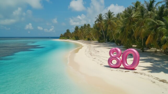 The inflatable "80" stands proudly on the pristine shores of the Maldives, marking a joyous 80th anniversary amidst the tropical paradise.