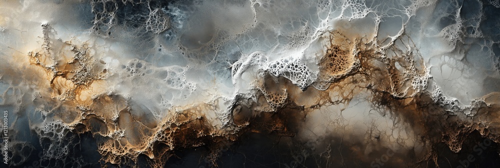 Poster abstract textured landscape with intricate patterns, blending shades of gray, white, and warm tones,