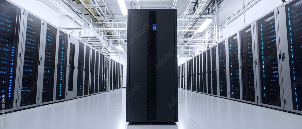 Poster a modern data center features high-performance servers aligned in rows, with bright led indicators