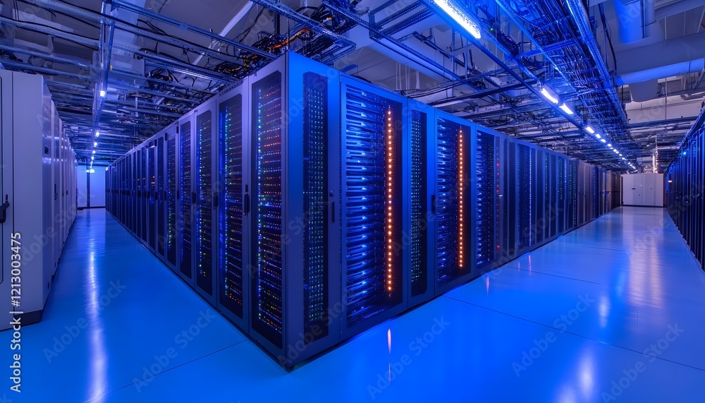 Poster a modern data center featuring advanced server racks illuminated by vibrant blue lighting. this high