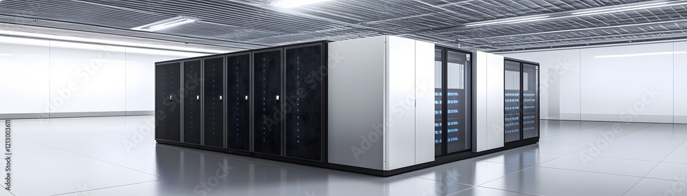 Poster a modern data center with sleek servers housed in a spacious environment, showcasing cutting-edge te