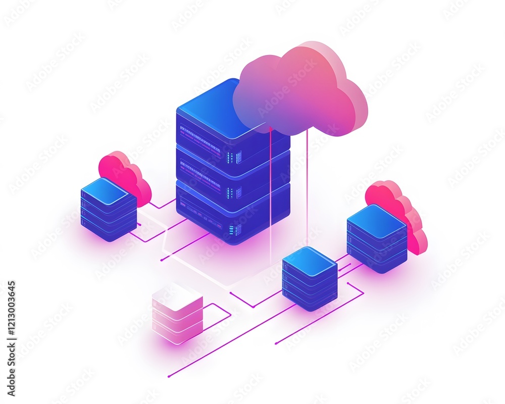 Poster a modern digital illustration of cloud computing architecture featuring colorful server units and st