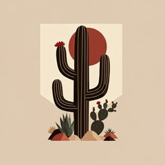 Fototapeta premium Geometric cactus illustration, Mid-century modern style, Desert motif, Earthy tones, Minimalist design, Symmetrical composition, Tribal patterns, Southwestern art, Retro poster aesthetic, Stylized flo