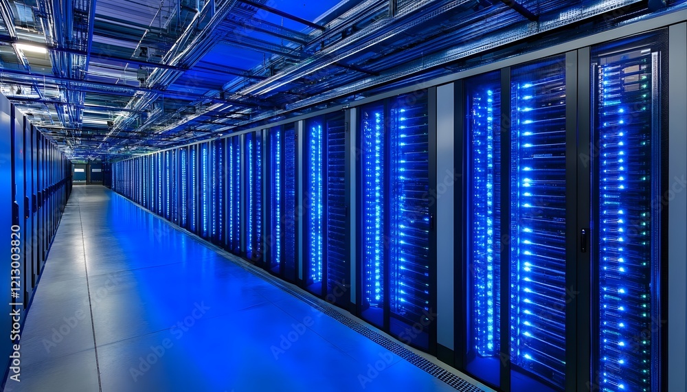 Aufkleber a modern server room featuring rows of blue-lit servers. the high-tech environment showcases advance