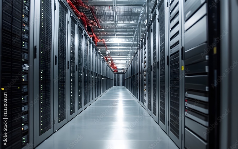Poster a modern server room showcasing rows of sleek servers with glowing lights in a high-tech data center