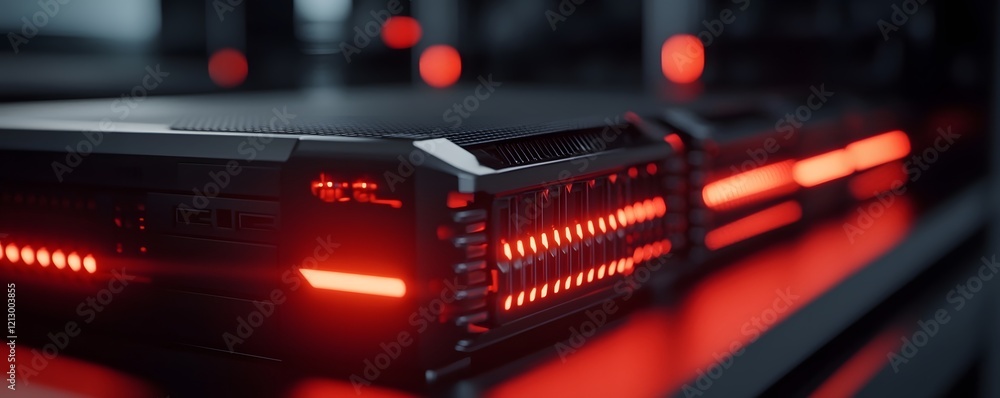 Poster a modern server with glowing red lights, showcasing advanced technology in a sleek design. perfect f