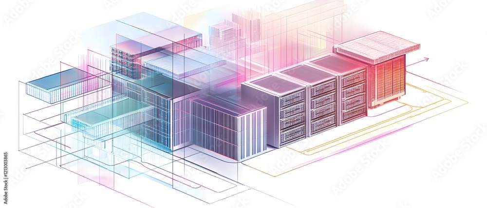 Poster a modern, abstract digital illustration of server racks and data storage systems. the design feature