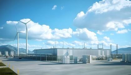 Obraz premium A modern industrial facility featuring wind turbines against a clear blue sky, showcasing renewable energy solutions and sustainable architecture.