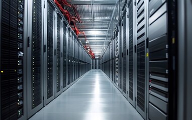 Fototapeta premium A modern server room showcasing rows of sleek servers with glowing lights in a high-tech data center. The organized layout emphasizes efficiency and advanced technology.