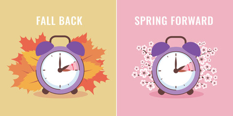 Switch to summer and winter time. Daylight saving time vector illustration. Spring forward, fall back