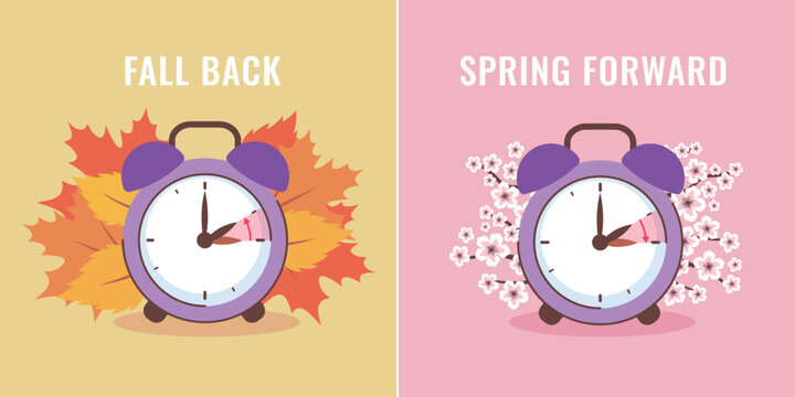 Switch to summer and winter time. Daylight saving time vector illustration. Spring forward, fall back
