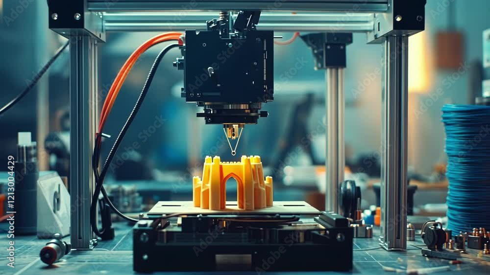 Aufkleber modern 3d printer creating a plastic architectural model of a yellow castle inside a laboratory or w