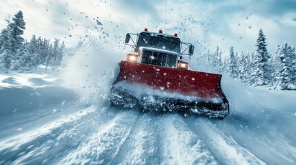 A dynamic image of a snow plow creating a plume of snow, capturing the essence of winter work as it navigates through the snowy terrain with vibrant energy and movement.