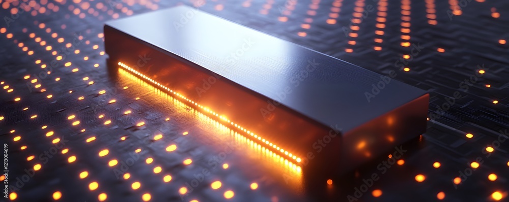 Poster a sleek, futuristic device glowing with orange light, set against a backdrop of intricate circuits. 