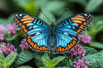 Naklejka premium Vibrant Blue Butterfly on Lush Green Foliage