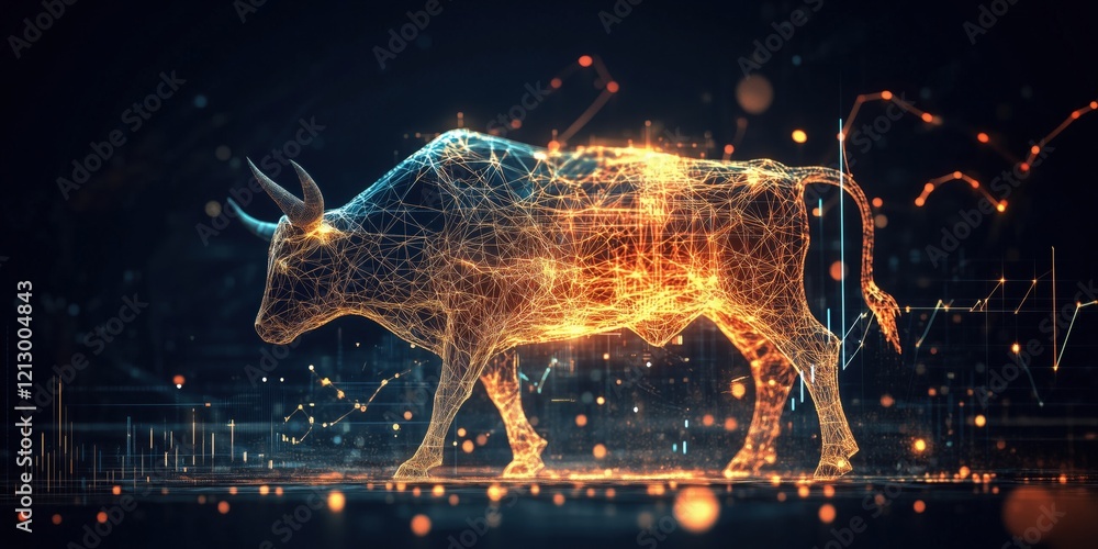 Poster digital bull representation with glowing lines and data visualization elements, symbolizing strength