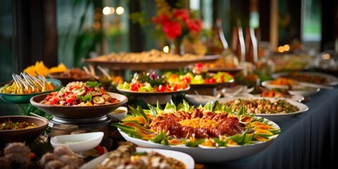 Food Celebration: A Festive Buffet Dinner with Crowd, Asian Cuisine, Desserts, and More for Party or Dining Concept