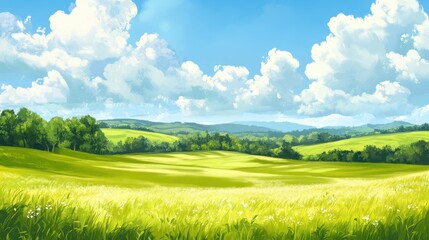 Fototapeta premium Serene Summer Landscape With Rolling Green Hills And Fluffy Clouds