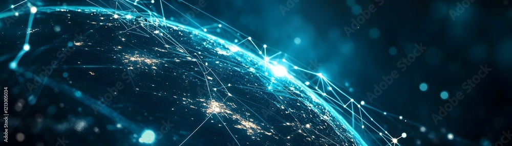 Poster a stunning digital landscape showcasing interconnected nodes and networks across a globe. this image