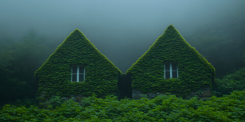 Fototapeta premium Two ivy-covered houses shrouded in mist, a tranquil and mysterious scene.