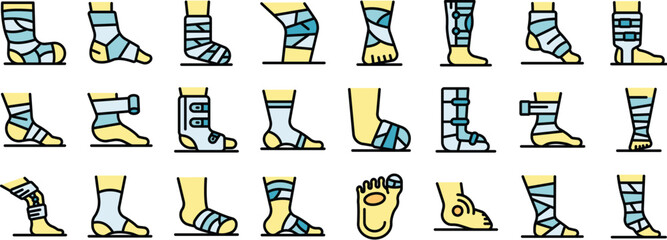 Collection of injured feet and ankles with bandages, casts, and orthopedic support devices, highlighting different types of injuries and treatments