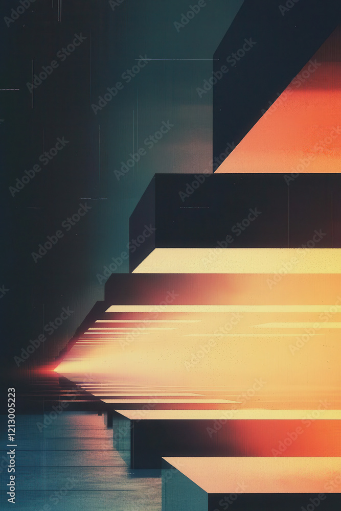 Poster abstract architectural composition featuring dynamic geometric shapes and radiant illumination in a 