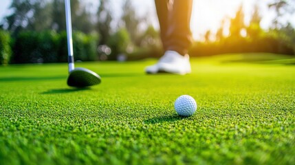 Men, golf and walking on green for tee off in morning as members in club for health, wellness or business. Male people, putter and hole for sports, exercise or meeting as partner in company for deal