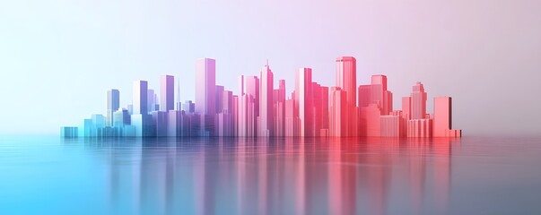 Obraz premium A stunning urban skyline silhouette features modern skyscrapers in vibrant shades of blue and red, reflecting on a calm surface, creating a mesmerizing visual impression.