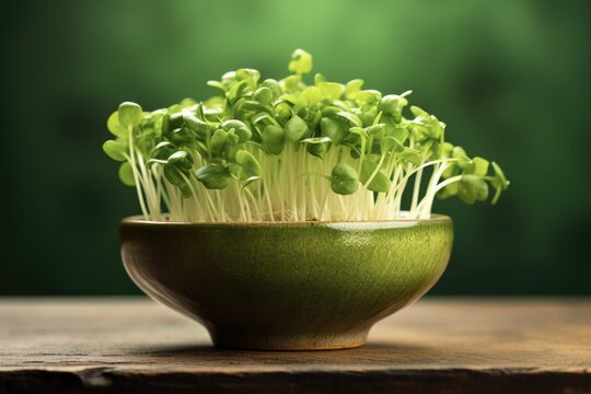 Fresh Broccoli Sprout Salad in Green Bowl - Vegetarian and Vegan Organic Arugula and Leaf Shoots