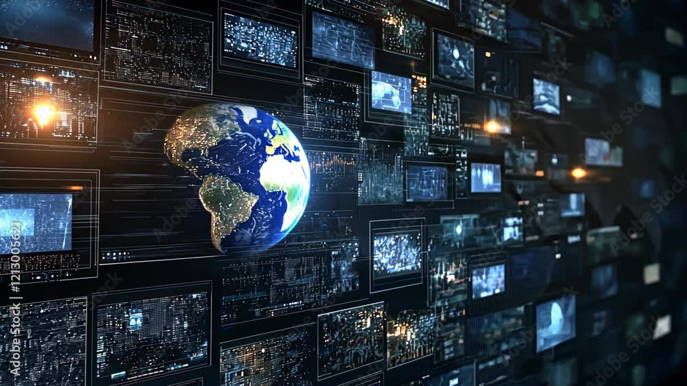 Poster a dynamic display of earth surrounded by glowing screens, illustrating the integration of technology