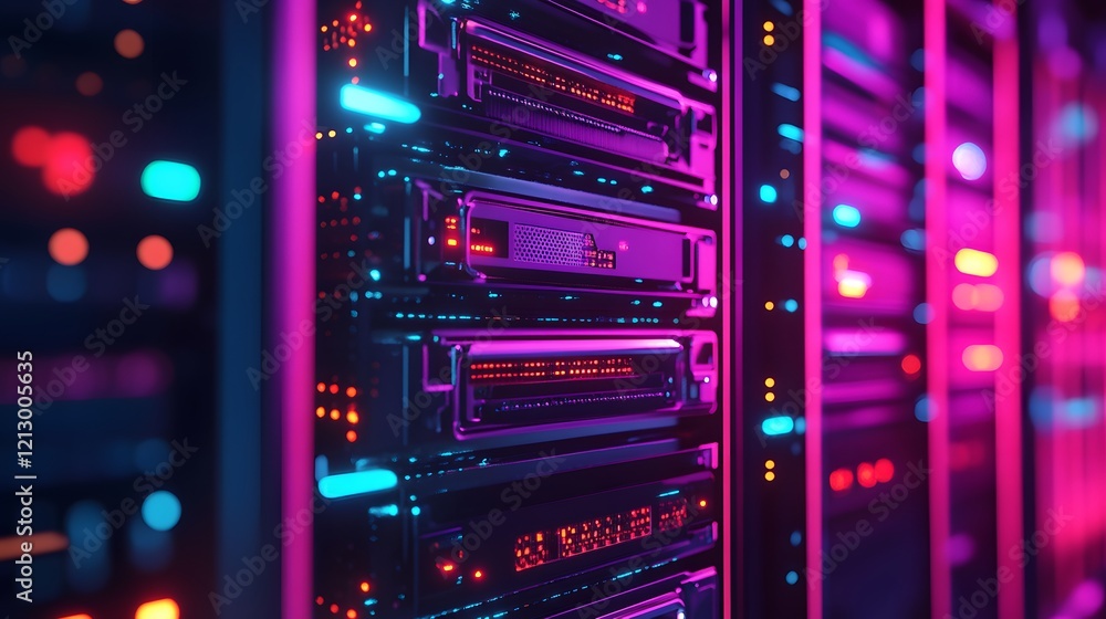 Poster a vibrant, colorful close-up of illuminated data servers in a modern data center, showcasing advance