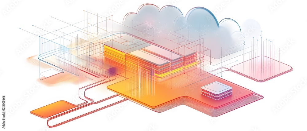 Poster a vibrant abstract illustration depicting cloud computing, featuring interconnected layers and digit