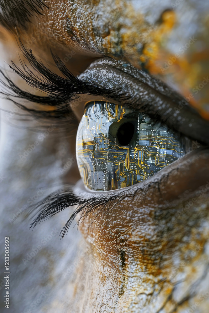 Poster exploring the intersection of human vision and technology through a biomechanical eye interface