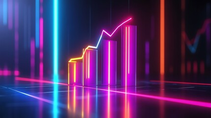 Financial growth depicted with a bright neon bar graph on a sleek background